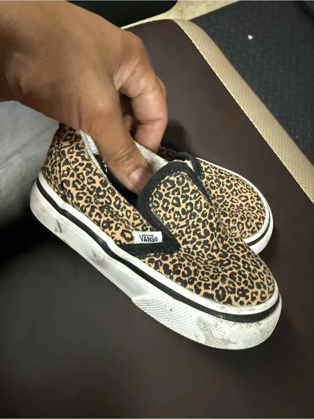 Vans Kids Leopard Print Slip-On Sneakers in Tan and Black